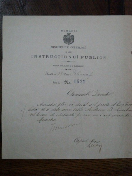 Tit Maiorescu, semnatura olografa Document Ministerul Cultelor, Februarie 1889