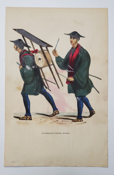 DOI MUZICANTI JAPONEZI , GRAVURA COLORATA MANUAL de DECAMPS , 1845