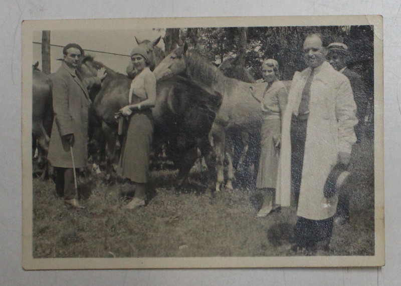 DOMNI SI DOAMNE LA HERGHELIE DE CAI , FOTOGRAFIE MONOCROMA, , PE HARTIE MATA , DATATA 1932
