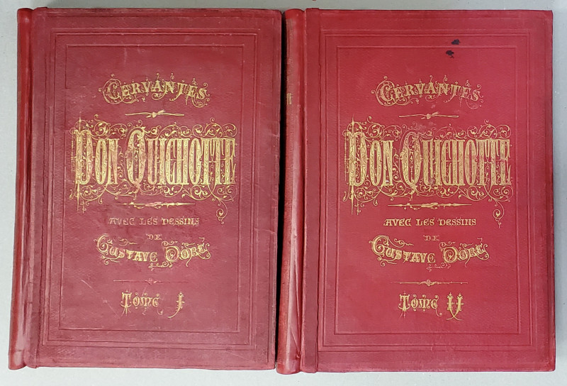 DON QUICHOTTE DE LA MANCHE par MIGUEL DE CERVANTES SAAVEDRA, traduction de LOUIS VIARDOT avec les dessins de GUSTAVE DORE, 2 VOL. - PARIS, 1863
