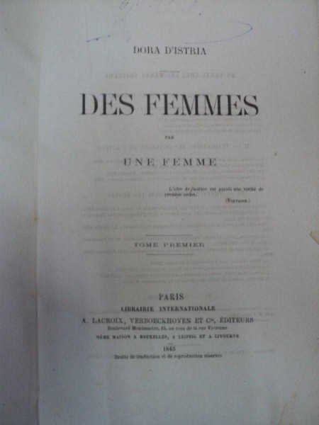 D'ORA ISTRIA -DES FEMMES -PARIS 1865 -VOL I-II