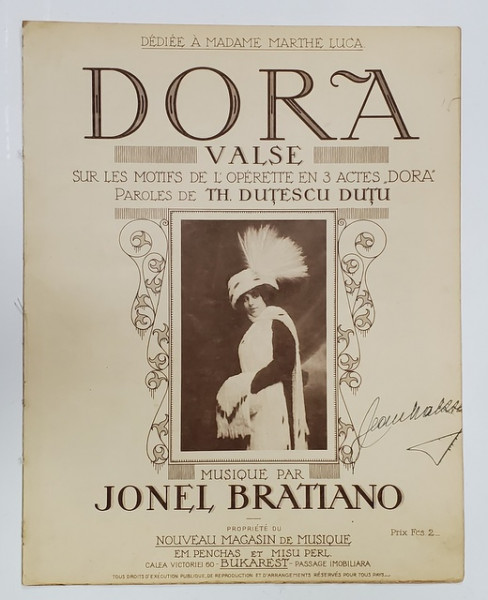 DORA , VALSE par JONEL BRATIANO , paroles des TH. DUTESCU DUTU , INCEPUTUL SEC. XX , PARTITURA