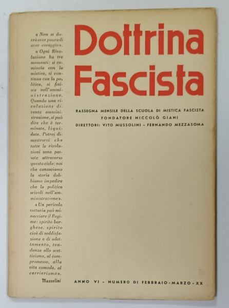 DOTTRINA  FASCISTA , RASSEGNA   MENSILE DELLA SCUOLA DI MISTICA FASCISTA , FEBRUARIO - MARZO, 1942