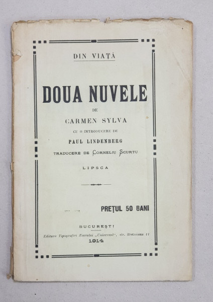 DOUA NUVELE de CARMEN SYLVA , cu o introducere de PAUL LINDENBERG , 1914