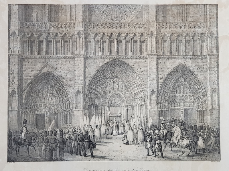 DRAPEAUX PRIS A AUSTERLITZ RECUS A NOTRE DAME ( DRAPELE CAPTURATE LA AUSTERLITZ , ADUSE LA CATEDRALA NOTRE - DAME ) , LITOGRAFIE de C. MOTTE , MONOCROMA, MIJLOCUL SEC. XIX , PREZINTA PETE *