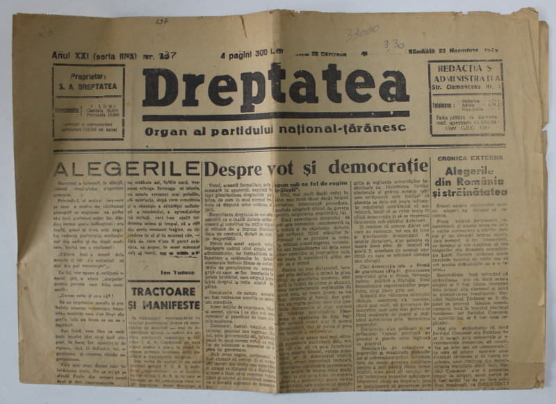 DREPTATEA , ORGAN AL PARTIDULUI NATIONAL - TARANESC , 23 NOIEMBRIE , 1946