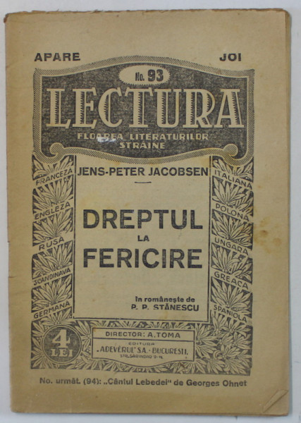 DREPTUL LA FERICIRE de JENS - PETER JACOBSEN , SERIA ' LECTURA ' NO. 93 , EDITIE INTERBELICA