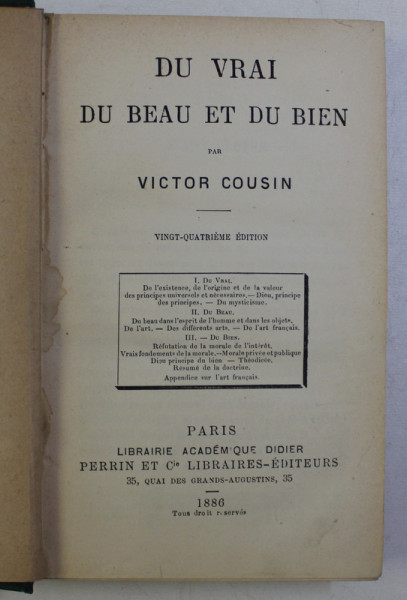 DU  VRAI DU BEAU ET DU BIEN , VINGT-QUATRIEME ED. par VICTOR COUSIN , 1886