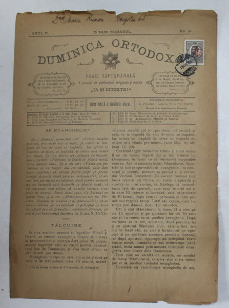 DUMINICA ORTODOXA , FOAIE SAPTAMANALA , ANUL II , NR. 10  , DUMINICA 3 NOIEMBRIE , 1919