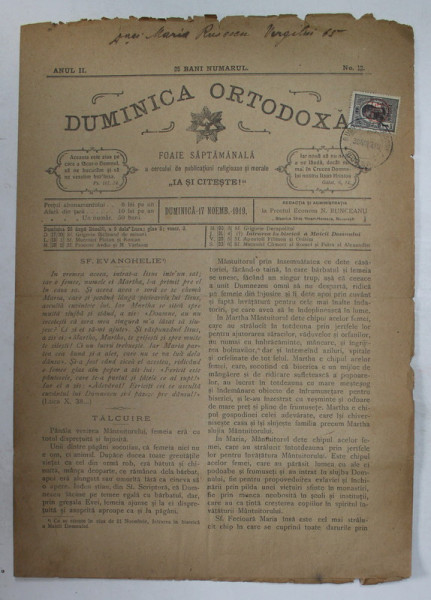 DUMINICA ORTODOXA , FOAIE SAPTAMANALA , ANUL II , NR. 12  , DUMINICA 17 NOIEMBRIE , 1919
