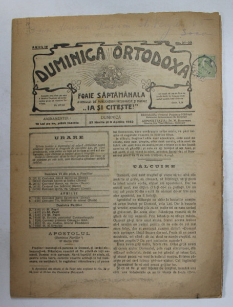 DUMINICA ORTODOXA , FOAIE SAPTAMANALA , ANUL IV , NR. 31- 32 , 27 MARTIE SI 3 APRILIE , 1922