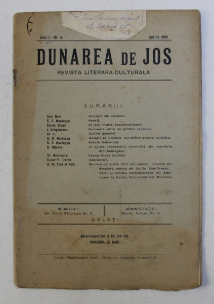 DUNAREA DE JOS , REVISTA LITERARA CULTURALA , ANUL 1 , NR. 8 , APRILIE 1909