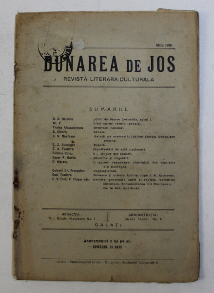 DUNAREA DE JOS , REVISTA LITERARA CULTURALA , ANUL I , NR. 9 , MAIU 1909