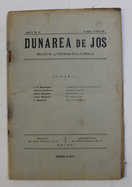 DUNAREA DE JOS , REVISTA LITERARA CULTURALA , ANUL II , NO. 10 , 15 IUNIE - 15 IULIE 1910
