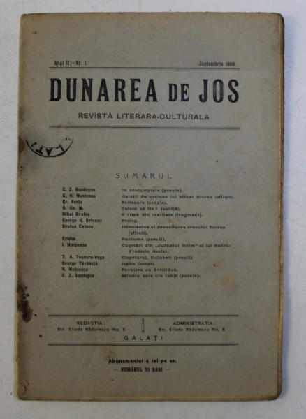 DUNAREA DE JOS , REVISTA LITERARA CULTURALA , ANUL II , NR. 1 , SEPTEMBRIE 1909