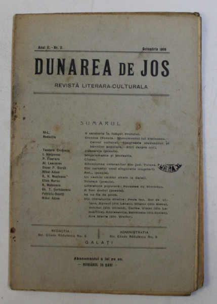 DUNAREA DE JOS , REVISTA LITERARA CULTURALA , ANUL II , NR. 2 , OCTOMBRIE 1909