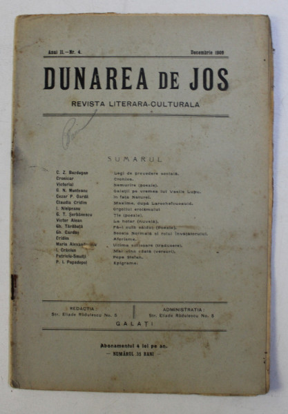 DUNAREA DE JOS , REVISTA LITERARA CULTURALA , ANUL II , NR. 4 , DECEMBRIE 1909