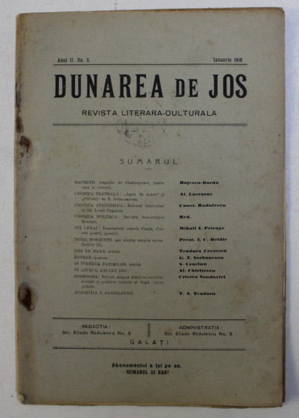 DUNAREA DE JOS , REVISTA LITERARA CULTURALA , ANUL II , NR. 5 , IANUARIE 1910