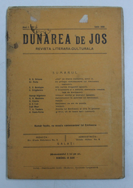 DUNAREA DE JOS - REVISTA LITERARA CULTURALA ,  LUNARA , ANUL I , NR. 10 , IUNIE   , 1909