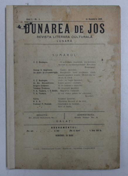 DUNAREA DE JOS - REVISTA LITERARA CULTURALA ,  LUNARA , ANUL I , NR. 3 , 15 NOEMBRIE , 1908