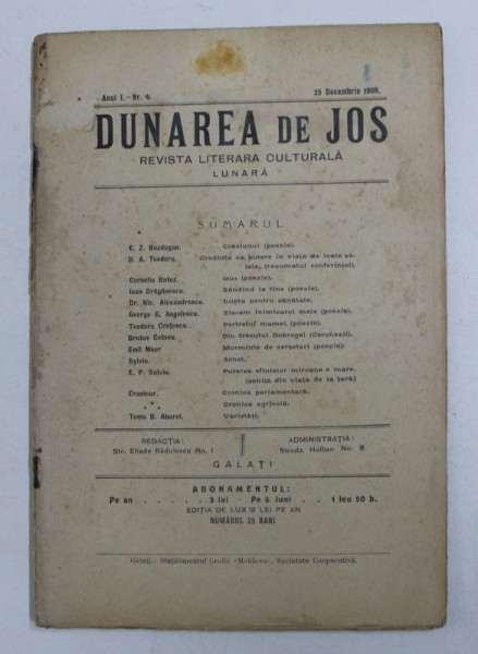 DUNAREA DE JOS - REVISTA LITERARA CULTURALA ,  LUNARA , ANUL I , NR. 4 , 25 DECEMBRIE ,1908