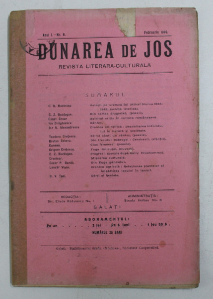 DUNAREA DE JOS - REVISTA LITERARA CULTURALA ,  LUNARA , ANUL I , NR. 6 , FEBRUARIE  , 1909