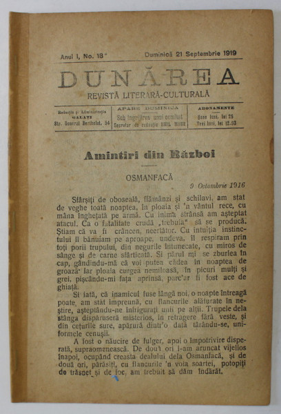 DUNAREA , REVISTA LITERARA - CULTURALA , NR. 18 , 1919