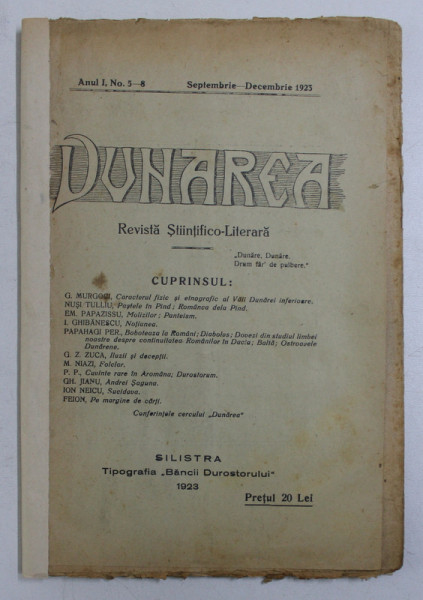 DUNAREA - REVISTA STIINTIFICO - LITERARA , ANUL I , NO 5 - 8 , SEPTEMBRIE - DECEMBRIE , 1923