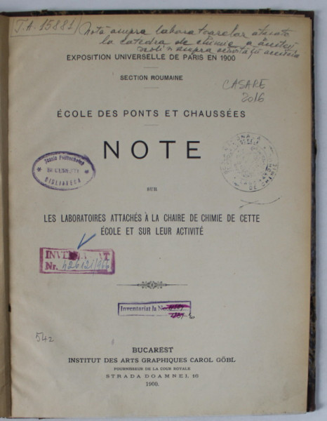 ECOLE DES PONTS ET CHAUSSES , NOTE SUR LE LABORATOIRES ATTACHES A LA CHAIRE DE CHIMIE ..., 1900