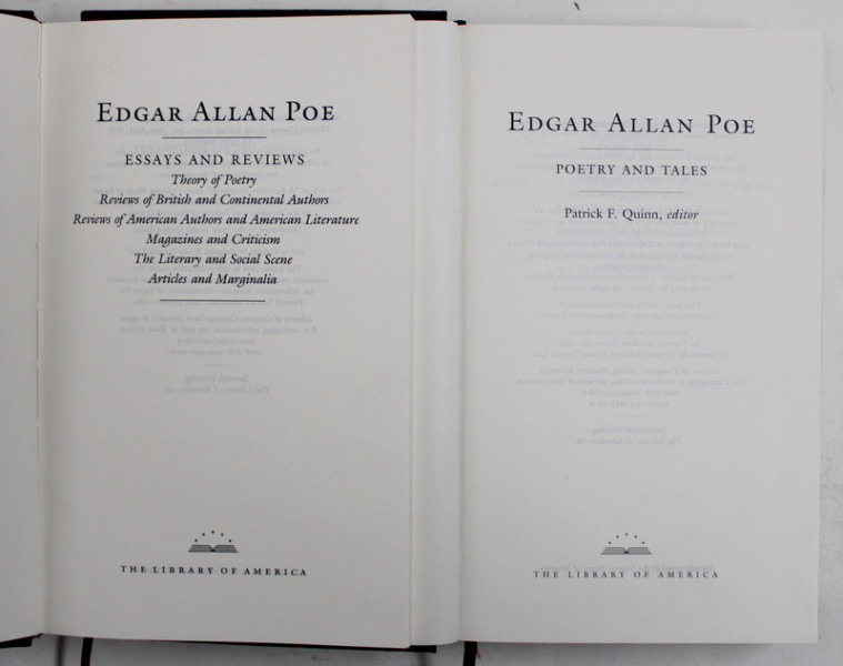 EDGAR ALLAN POE , POETRY AND TALES / ESSAY AND REVIEWS , 2 VOLUME , 1992 , EDITIE TIPARITA PE HARTIE DE BIBLIE