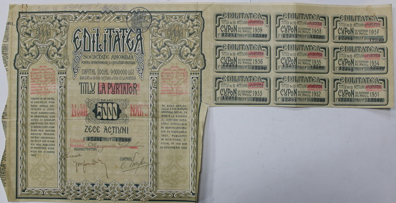 EDILITATEA , SOCIETATE ANONIMA , TITLU LA PURTATOR DE 5000 DE LEI , ZECE ACTIUNI , 1922