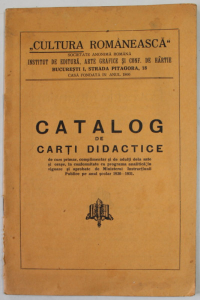EDITURA '' CULTURA ROMANEASCA '' , CATALOG DE CARTI DIDACTICE , 1930 -1931