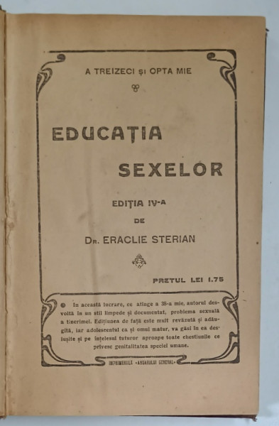 EDUCATIA SEXELOR , EDITIA A IV - A de ERACLIE STERIAN , 1915