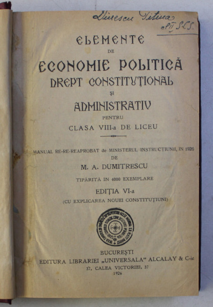 ELEMENTE DE ECONOMIE POLITICA - pentru clasa VIII - a de liceu de M . A . DUMITRESCU