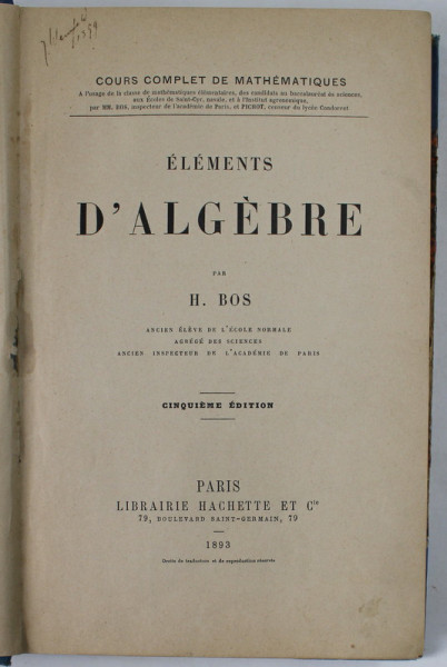 ELEMENTS D 'ALGEBRE par H. BOS , 1893