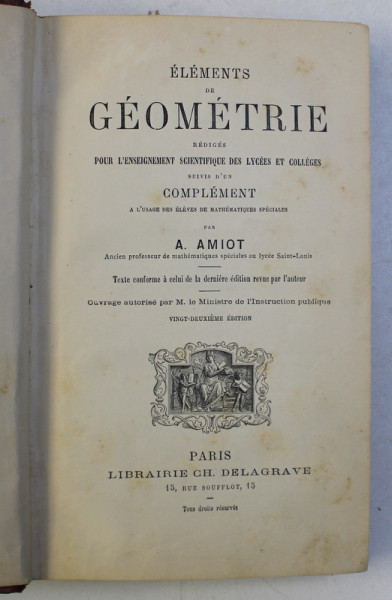 ELEMENTS DE GEOMETRIE , VINGT - DEUXIEME EDITION par A. AMIOT