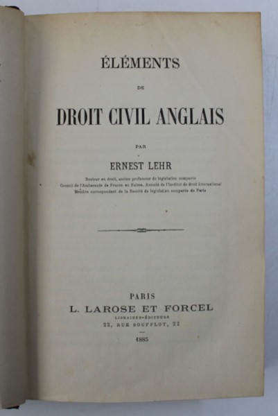 ELEMNTS DE DROIT CIVIL ANGLAIS par ERNEST LEHR , 1885
