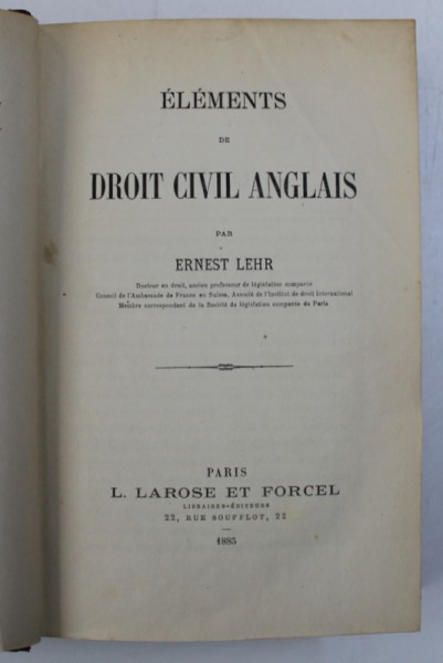 ELEMENTS DE DROIT CIVIL ANGLAIS par ERNEST LEHR , 1885