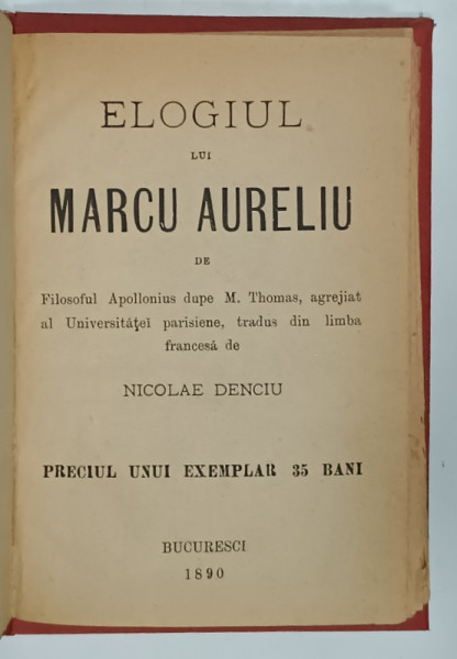 ELOGIUL LUI MARCU AURELIU  de FILOSOFUL APOLLONIUS, 1890