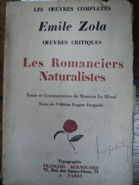 EMILE ZOLA , LES ROMANCIERS NATURALISTES semnatura olografa Perpessicius