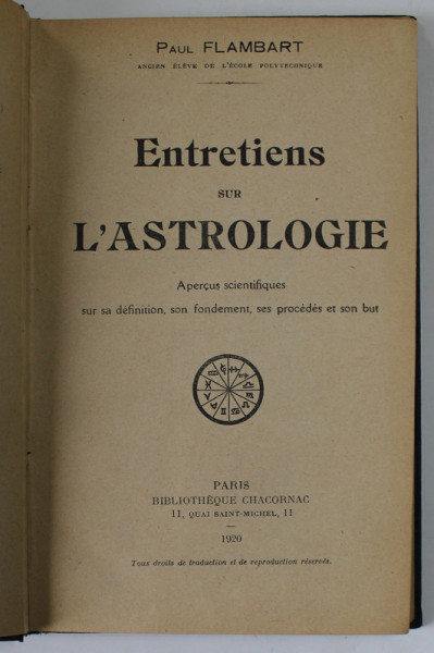 ENTRETIENS SUR L 'ASTROLOGIE par PAUL FLAMBART , 1920