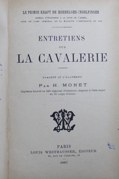 ENTRETIENS SUR LA CAVALERIE par LE PRINCE KRAFT DE HOHENLOHE - INGELFINGEN , 1887