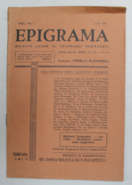 EPIGRAMA - BULETIN LUNAR AL EPIGRAMEI ROMANESTI , ANUL I , NR. 7 , IUNIE 1939