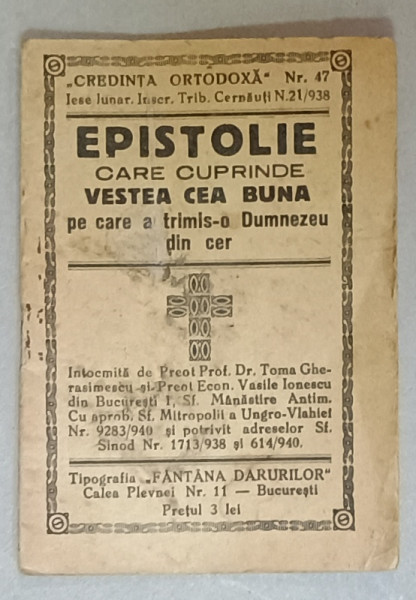 EPISTOLIE CARE CUPRINDE VESTEA  CEA BUNA PE CARE A TRIMIS- O DUMNEZEU DIN CER de  TOMA GHERASIMESCU si VASILE IONESCU , 1940