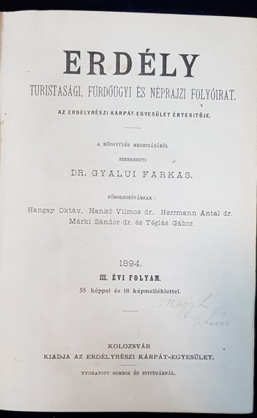 ERDELY TURISTASAGI , ARDEALUL TURISTIC , KOLOZSVAR , CLUJ , 1894