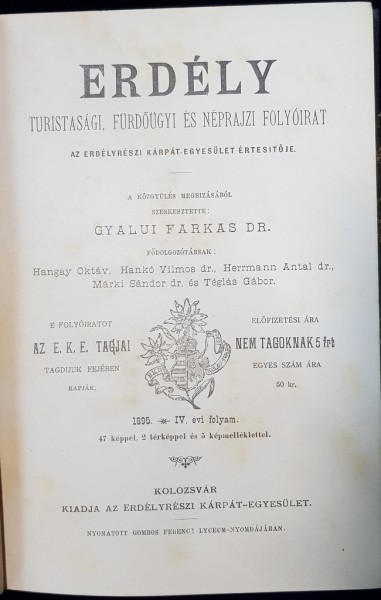 ERDELY TURISTASAGI , ARDEALUL TURISTIC , KOLOZSVAR , CLUJ , 1895
