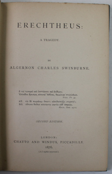 ERECHTEUS , A TRAGEDY by ALGERNON CHARLES SWINBURNE , 1876