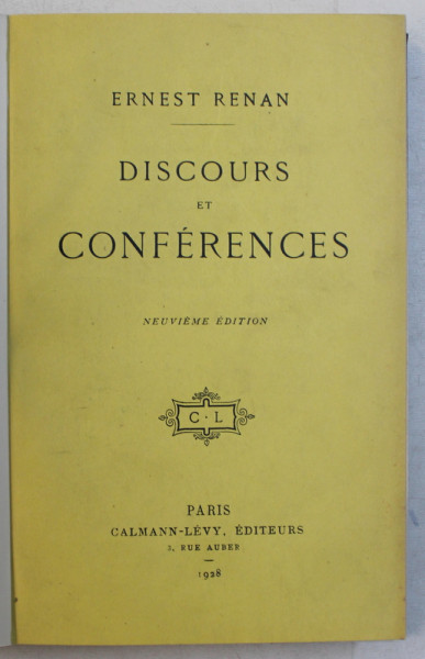 ERNEST RENAN - DISCOURS ET CONFERENCES , 1928