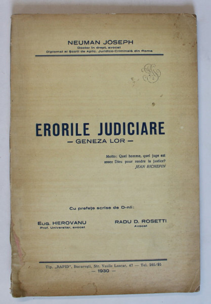 Erorile Judiciare, geneza lor, Bucuresti 1930 de NEUMAN JOSEPH , PREZINTA HALOURI DE APA
