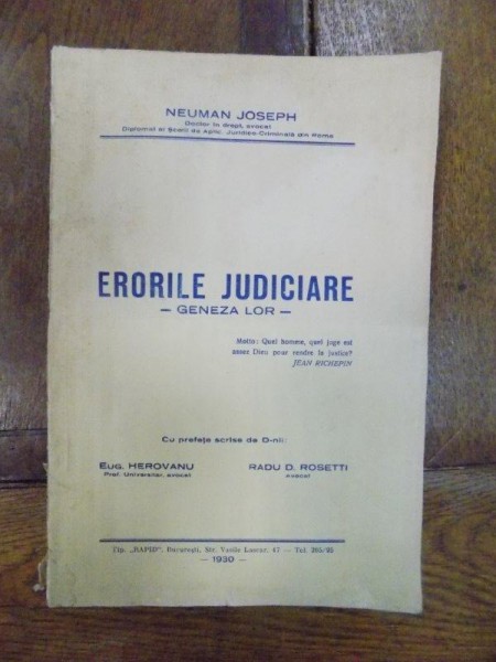 Erorile Judiciare, geneza lor, Bucuresti 1930